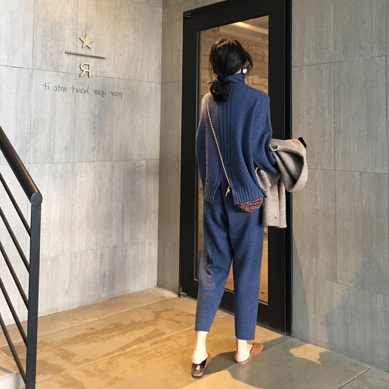 Women's Knitted Suits Autumn Winter Knitted Pants+Loose Thick Turtleneck Sweaters Wide Leg Pants Trousers Two-piece Set T200916