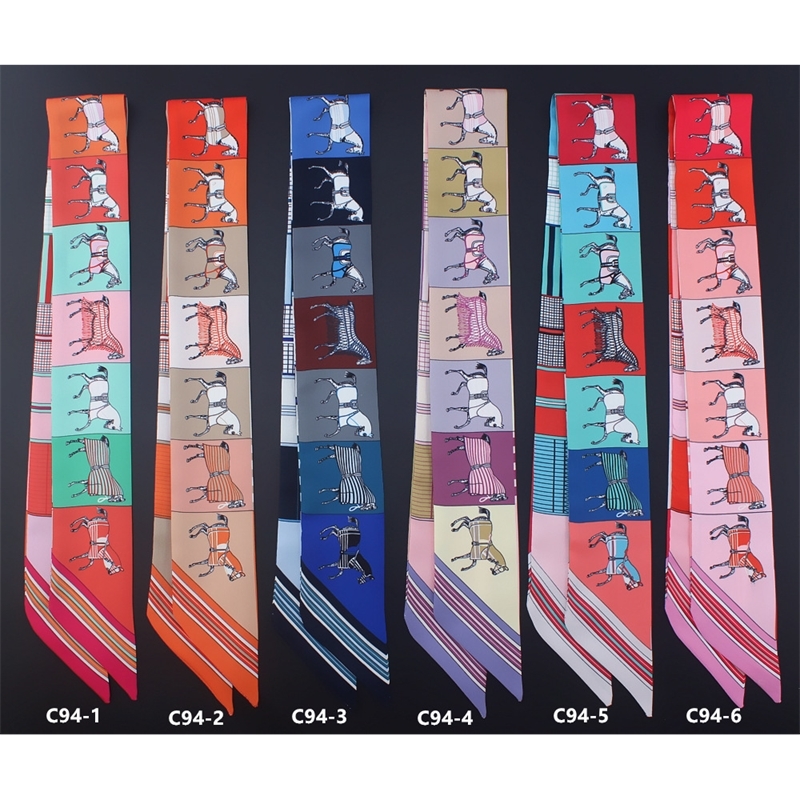 Horse Pattern New Arrival Print Lady Silk Feeling Riband Scarves Bags Scarf Small Ribbon Hair Band Bandeaus Clothing Match T200910
