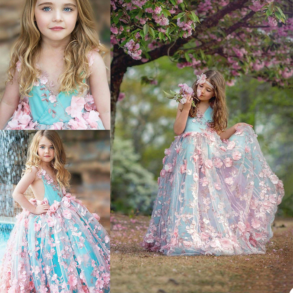Flower Girls Dresses 3D Floral Appliqued A Line Girls Formal Gowns Custom Made Sweep Length Tulle Children Evening Dress