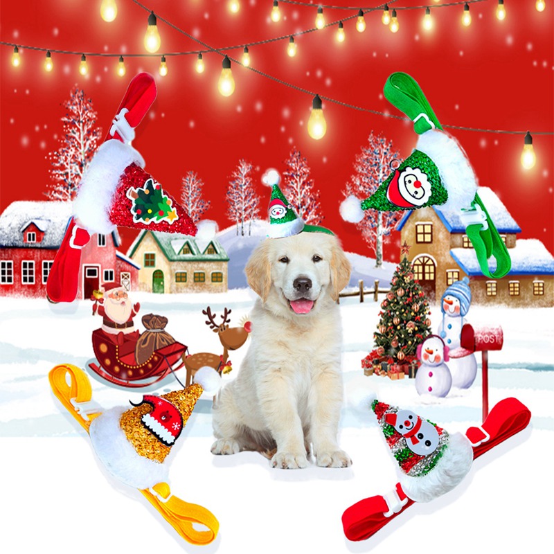 Dog Apparel Pet Christmas Hat With Adjustable Strap Headpiece Costume Cap Party Supplies Cute Mini Bling Decoration