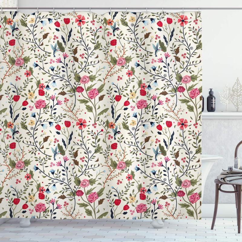Floral Shower Curtain Vibrant Colored Complex Image Birds with Roses Leaves and Polka Dots Nature Scenery Cloth Bathroom Decor
Floral Shower Curtain Vibrant Colored Complex Image Birds with Roses Leaves and Polka Dots Nature Scenery Cloth Bathroom Decor