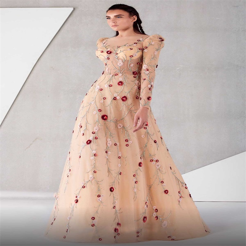 Champagne A-line Evening Dresses Long Sleeves Beads Lace Appliqued Elegant Formal Party Dress Sweep Train Custom Made Newest 2021 Prom Dress