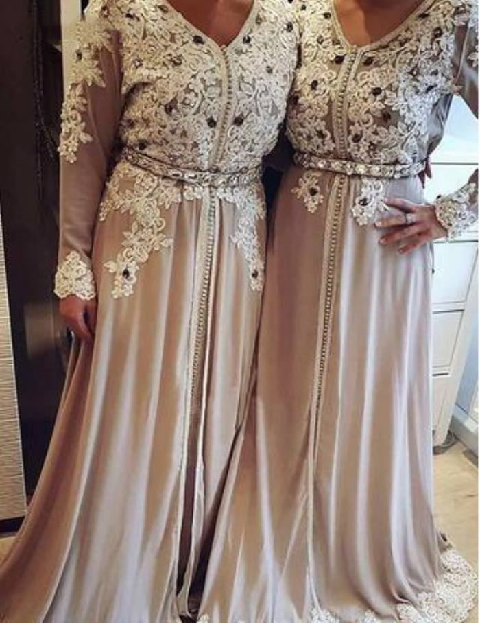 Elegant Champagne Moroccan Kaftan Mother Of The Bride Dresses Appliques Lace Beads Muslim Groom Mothers Formal Wear Long Wedding Guest Dress