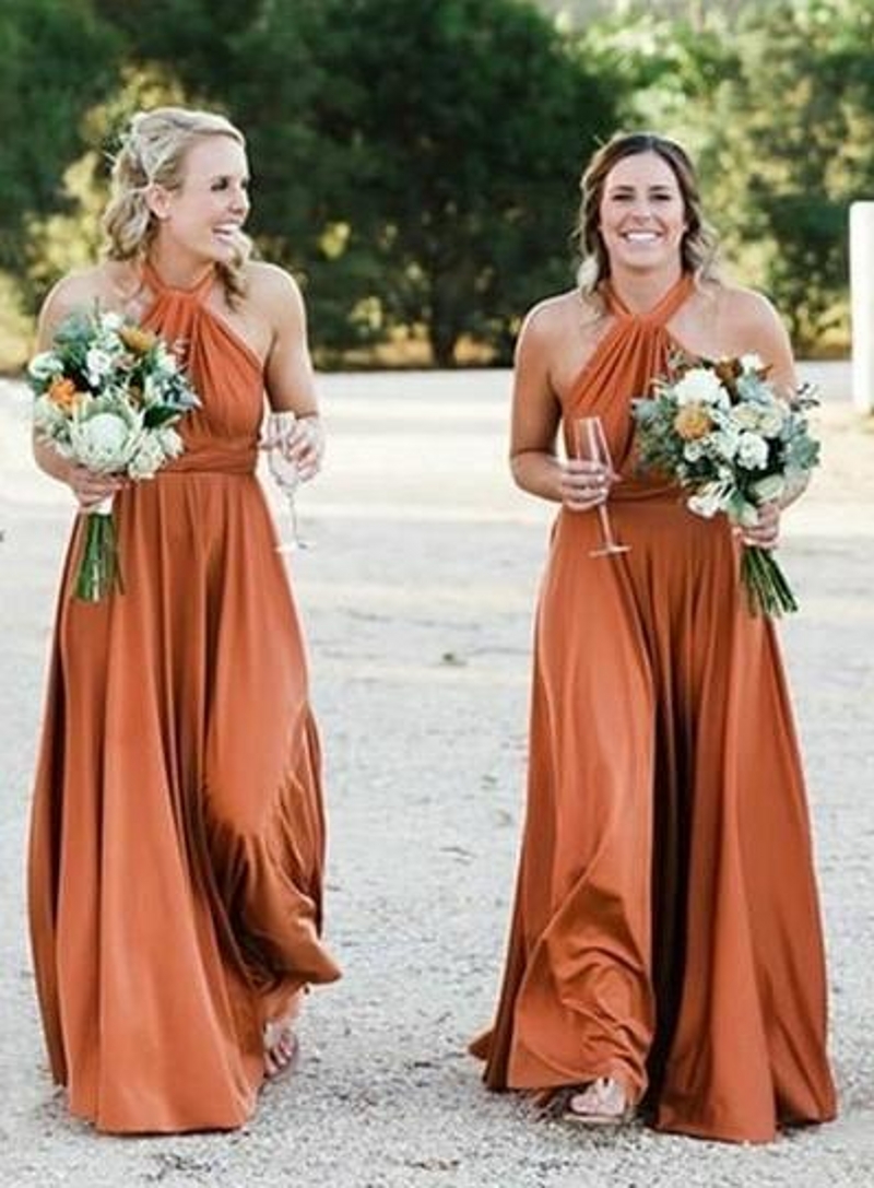Halter Rust Colored Bridesmaid Dresses Long Chiffon Skirt Pleated Country Maid Of Honor Dresses Floor Length Wedding Party Dress