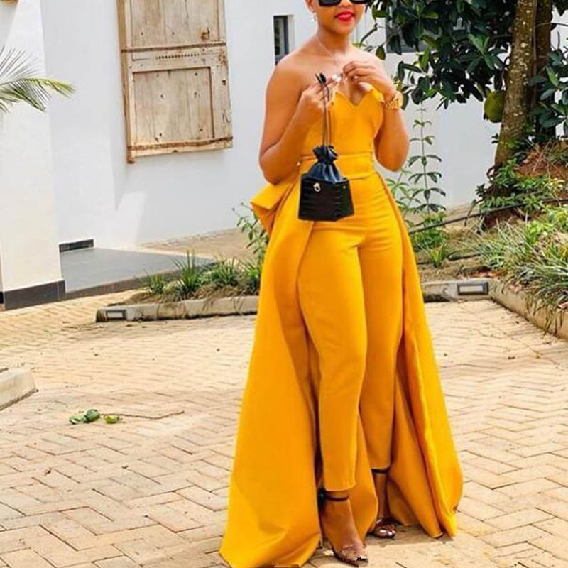 2020 Elegant Long Jumpsuit Women Prom Dresses with Detachable Skirt Sweetheart Satin Pant Suit Evening Gowns