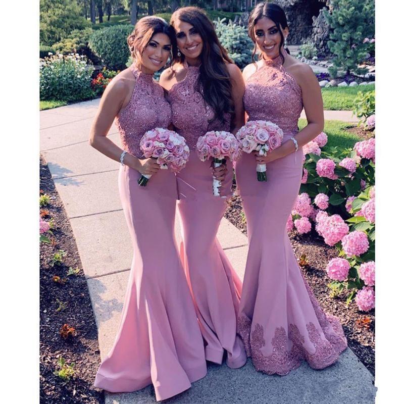 Cheap Arabic African Pink Mermaid Bridesmaid Dresses Halter Lace Appliques Crystal Beads Sleeveless Wedding Guest Gowns Maid Of Honor Dress