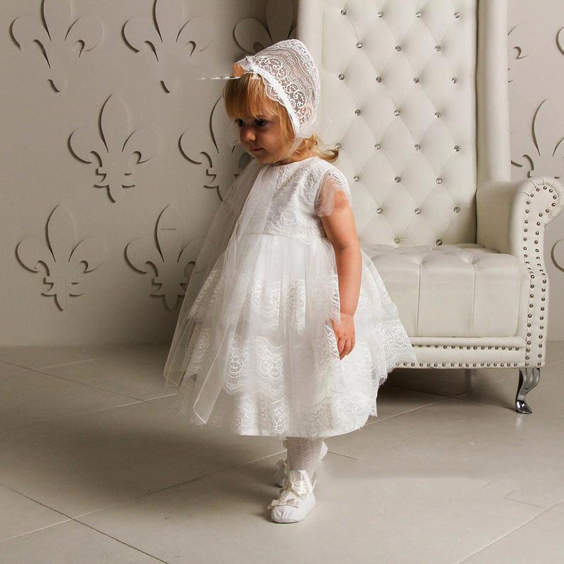 2021 Cute Baby Christening Gowns For Toddler Little Girls Short Sleeve Appliques Baptism Dresses With Bonnet First Communication Dress