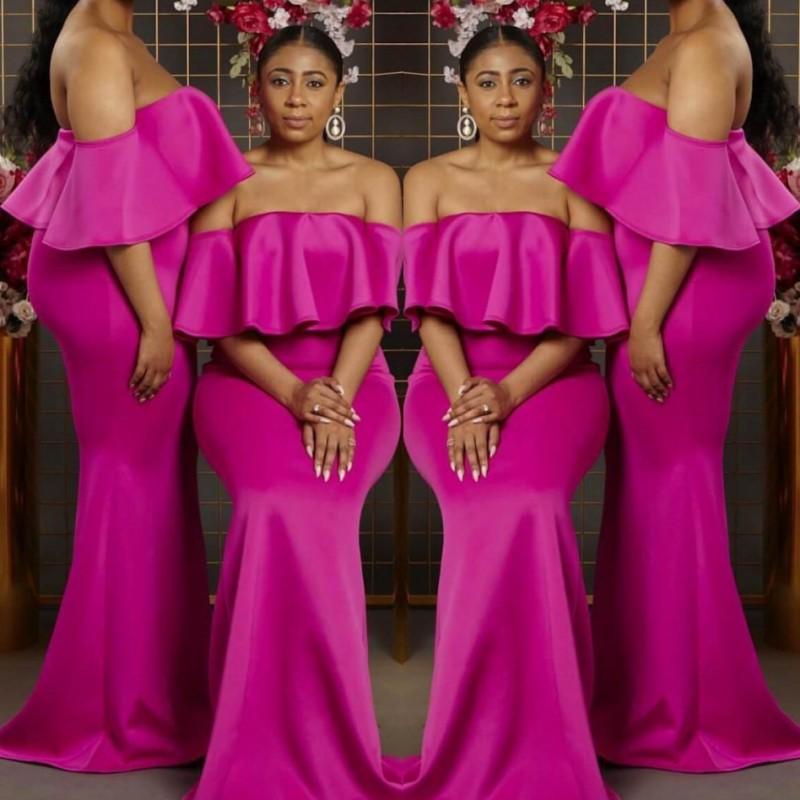 Fuchsia Bridesmaid Dresses Custom Made Plus Size Off The Shoulder Ruched Floor Length Maid Of Honor Gown African Wedding Guest Party Wear