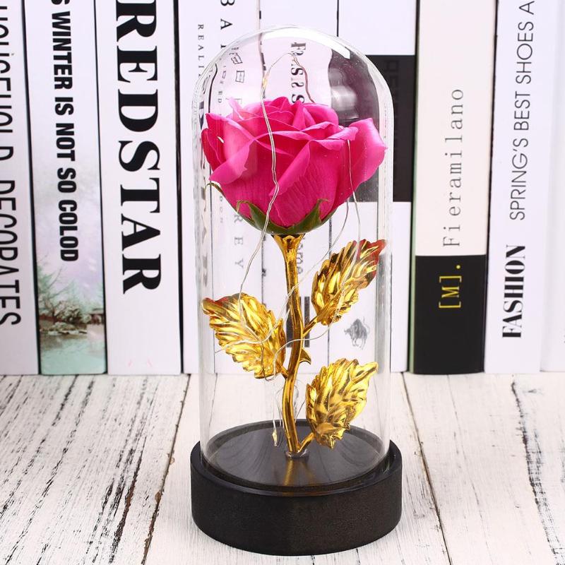 Soap Rose Flower Glass Cover LED Light Valentine'S Day Celebration Anniversary Eternal Rose Flower Imitation Gold Foil