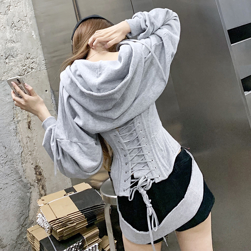 Women Corset Hoodies Lace Up Spring Autumn High Waist Tunic Hoodie Sweatshirt Tracksuit High Street 200922