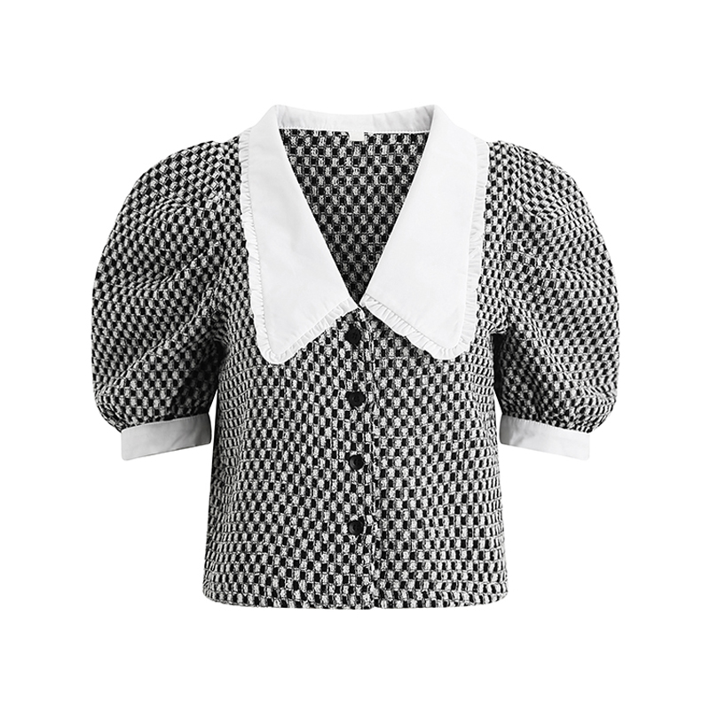 PERHAPS U women shirt black white gray plaid short sleeve puff sleeve summer turn down collar kawaii B0588
PERHAPS U women shirt black white gray plaid short sleeve puff sleeve summer turn down collar kawaii B0588