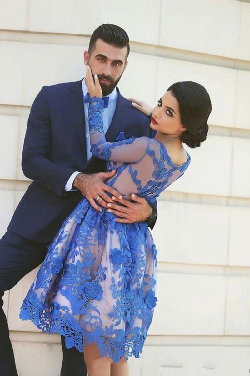 Royal Blue Evening Dresses Long Sleeves Knee-length 3D Floral Appliques 2021 jewel neck prom homecoming dress Vestido De Festa