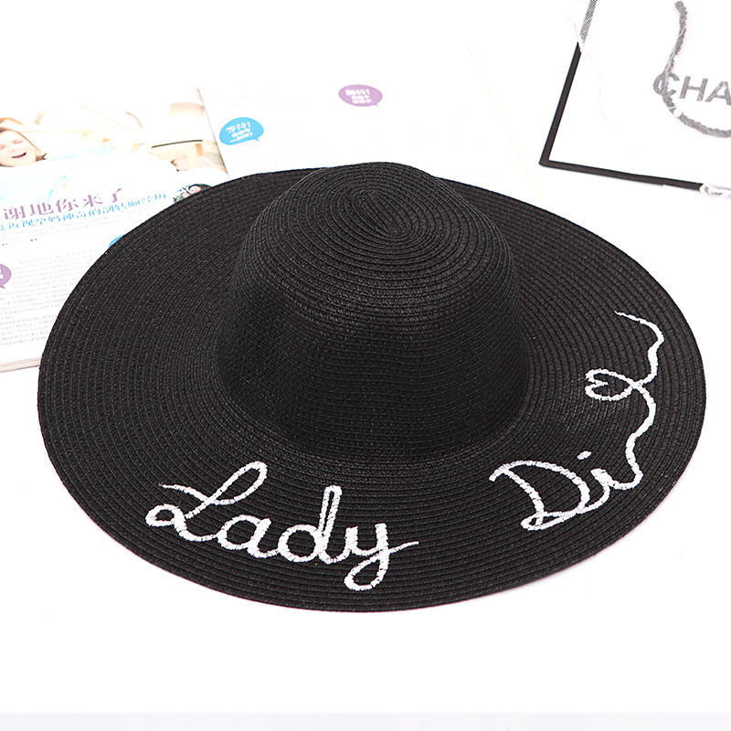 

Newly Fashion Protable Women Sun Hat Letter Embroidery Straw Plaited Hats Summer Beach Sunscreen Foldable Wide Large Brim Hat DO, Milk white