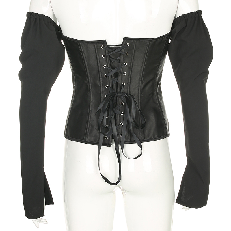 Darlingaga Fashion Off Shoulder White Blouse Shirt Splice Lace Up Adjustable Crop Top Bodycon Corset Women Shirts Sexy Hook Tops 200925