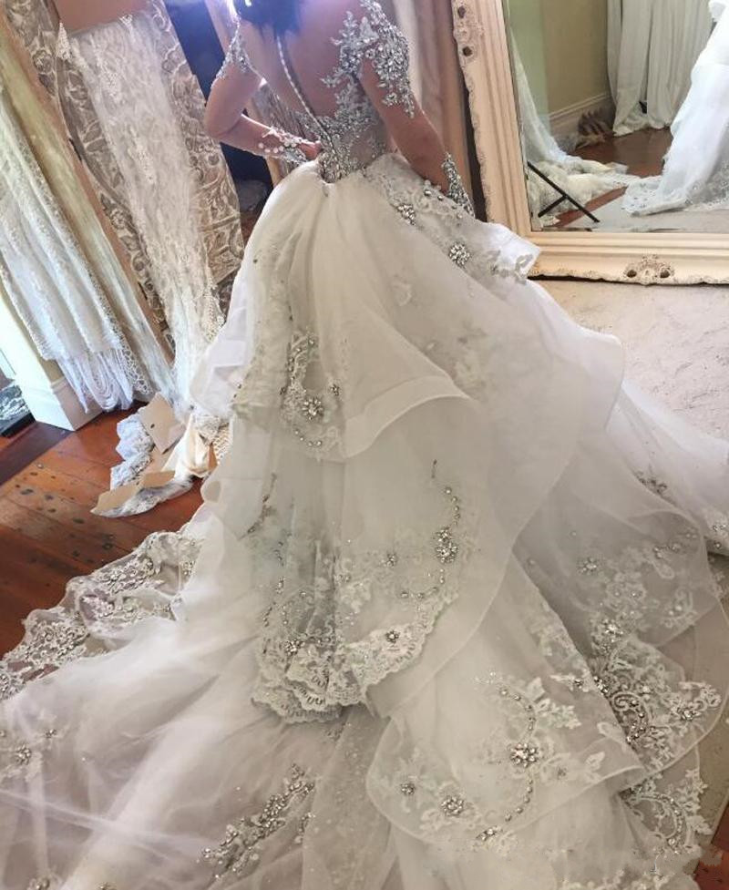 Beaded Graceful Mermaid Lace Wedding Dresses With Detachable Train High Neck Plus Size Rhinestones Bridal Gowns Long Sleeves Robe De Marie