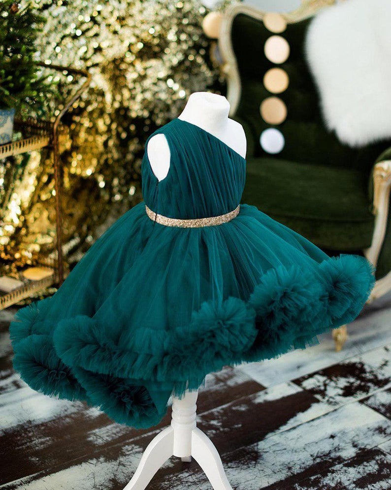 Hi-lo Hunter Green Girl's Pageant Dresses Ruffle One Shoulder Girls Birthday Party Gowns Custom Made Pleats Flower Girl Dress