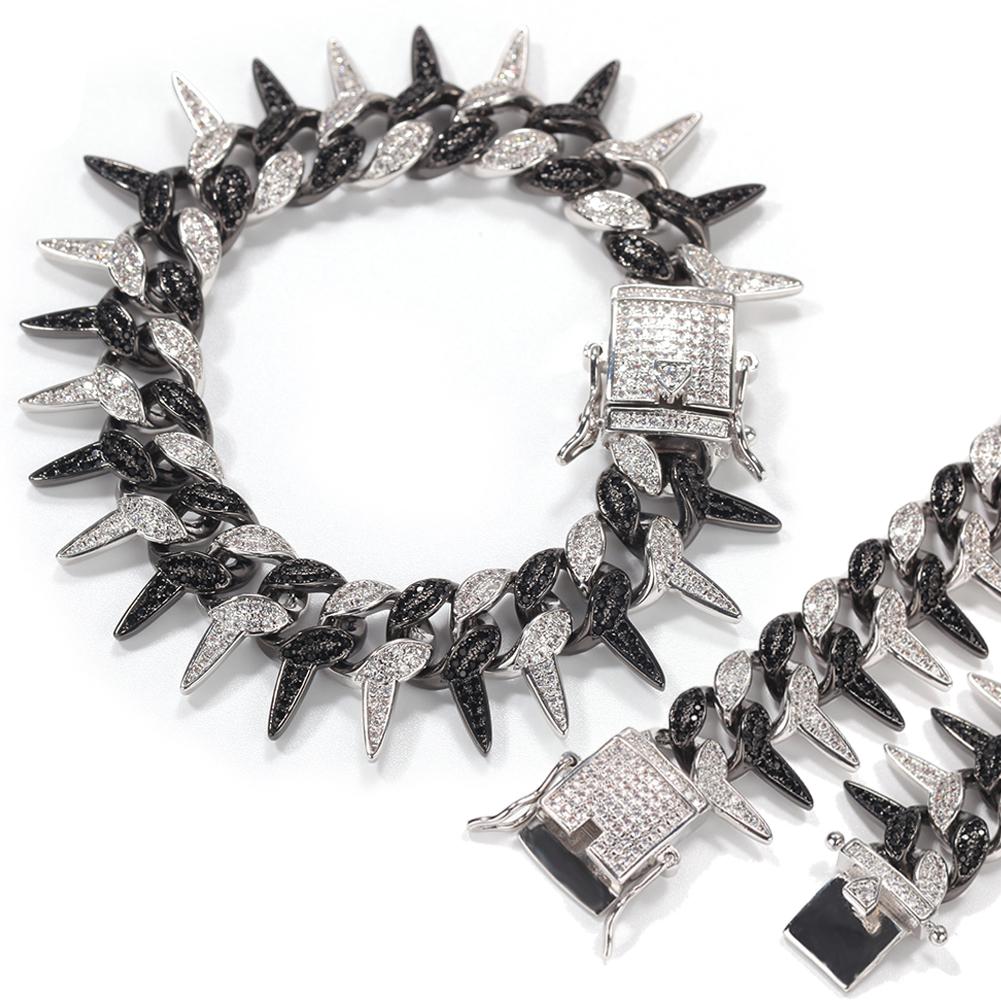19mm Rapper Wristband Chains Bracelets for Men Women Hop Hop Punk White Gold Black Iced Out Cubic Zirconia Spike Cuban Link Chain Bracelet