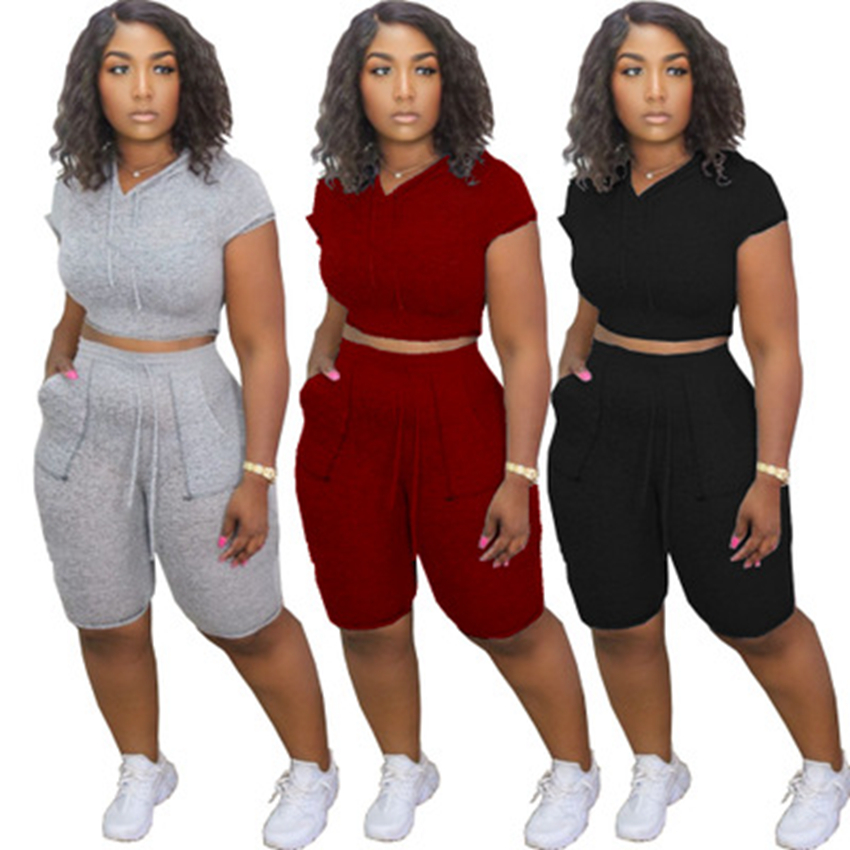 Trend Spot Tracksuits European and American Fashion Pure Color Hooded Casual Comfortable Short Sleeve Pocket Set