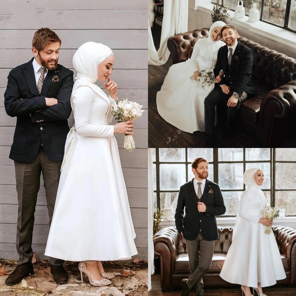 2020 Elegant Muslim Wedding Dresses with Hijab Ankle Length Satin Long Sleeve Plus Size Bridal Gowns Middle East Arabic vestido de novia