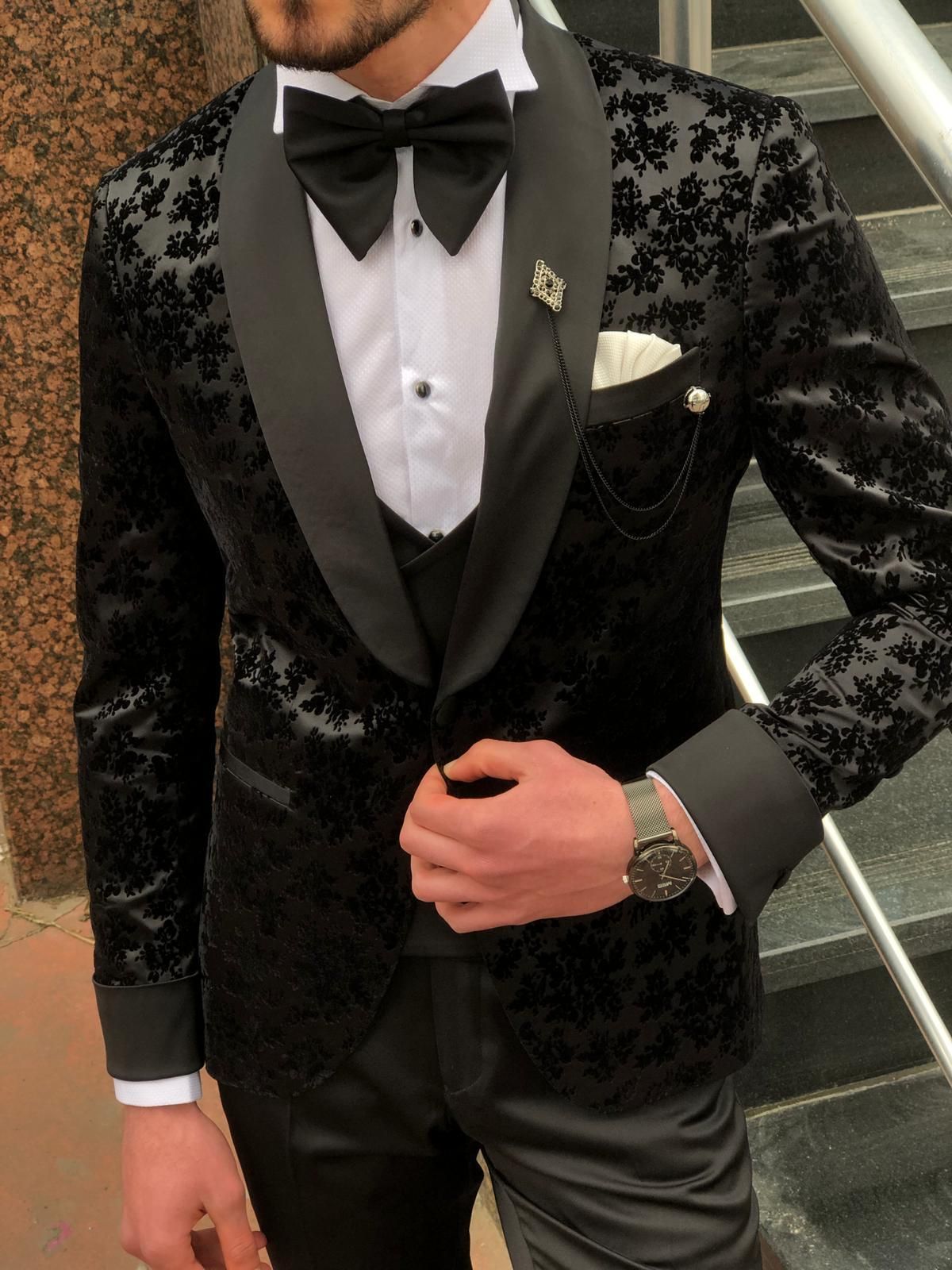 3 Pcs Black Mens Suits Wedding Tuxedos Custom Made Lace Groom Groomsmen Suit Mens' Business Formal Wear