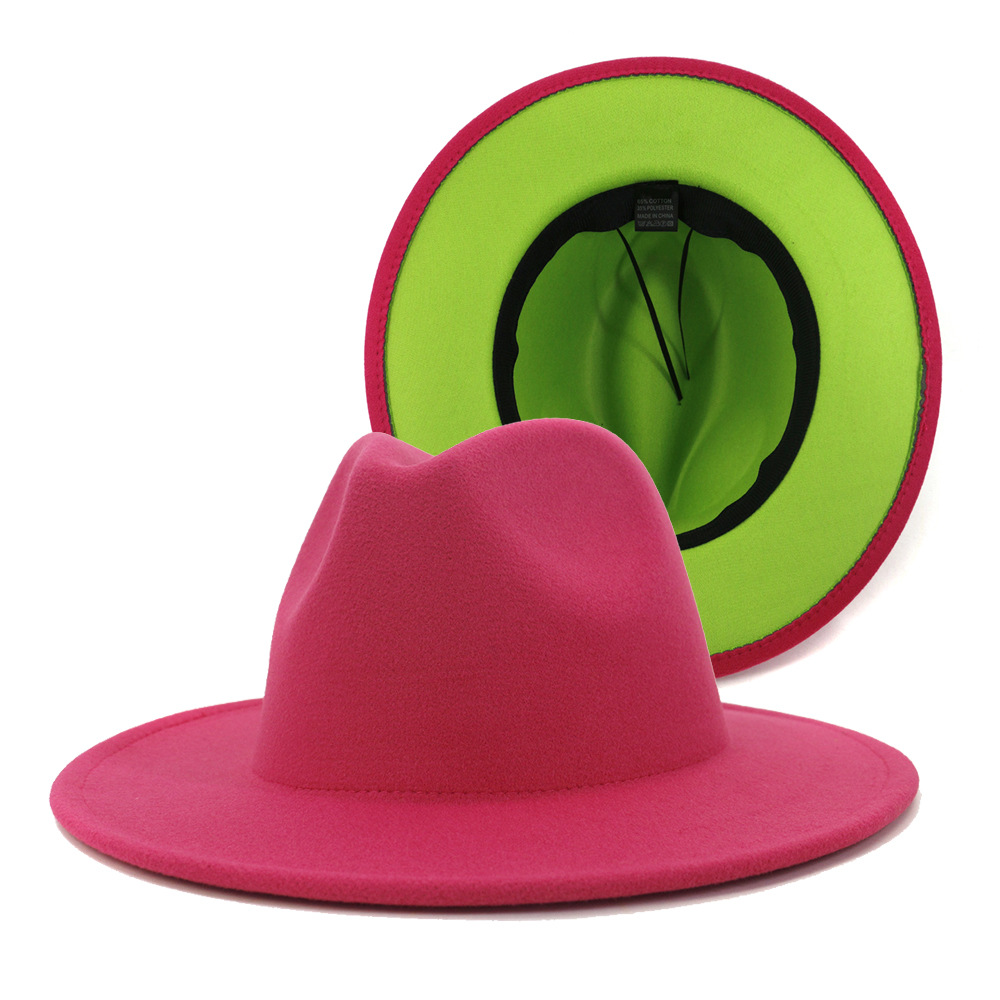 Hot Pink and Lime Green Patchwork Wool Felt Fedora Hats Women Large Brim Panama Trilby Jazz Cap Derby Hat Sombrero Mujer
Hot Pink and Lime Green Patchwork Wool Felt Fedora Hats Women Large Brim Panama Trilby Jazz Cap Derby Hat Sombrero Mujer