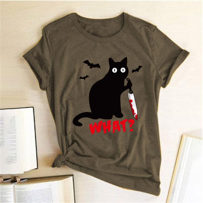 

2020 New Fashion Black Cat What Tshirt Murderous Cat Knife Women Funny T Shirt Short Sleeve Halloween 70s 80s Tops Tees