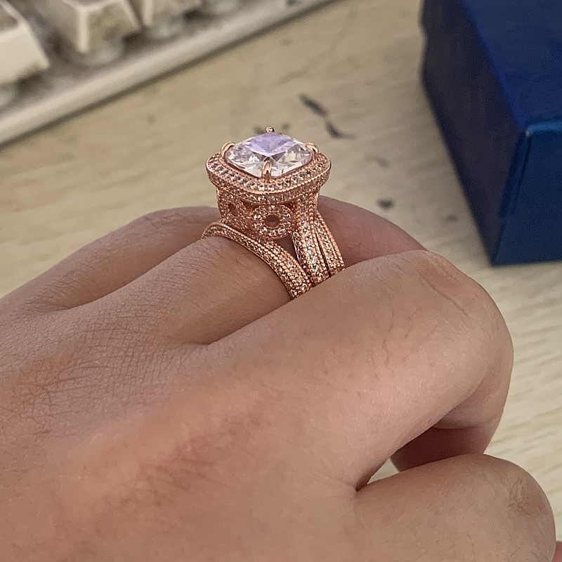 2020 New Arrival Stunning Luxury Jewelry 925 Sterling Silver&Rose Gold Full Cushion Shape White Topaz CZ Diamond 3PCS Women Wedding Ring