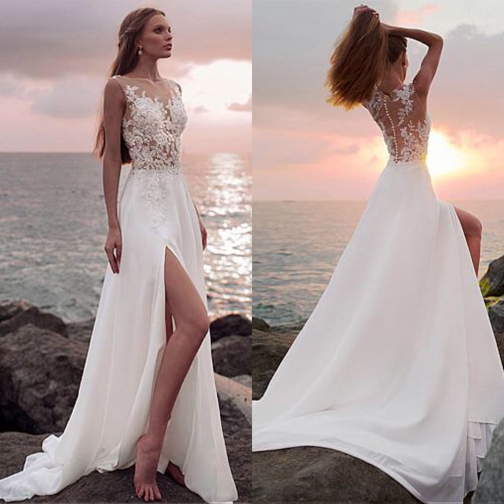 2019 Cheap Beach Wedding Dress Sleeveless Appliques Illusion Back Custom Made Bridal Gowns Split Chiffon Vestidos De Noiva, Multi
2019 Cheap Beach Wedding Dress Sleeveless Appliques Illusion Back Custom Made Bridal Gowns Split Chiffon Vestidos De Noiva, Multi