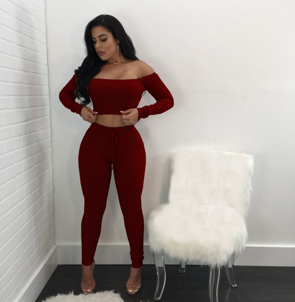 Women long sleeve crop top full pants 2 piece set for female women off shoulder two pieces sets women two piece set S M L XL XXL 200923