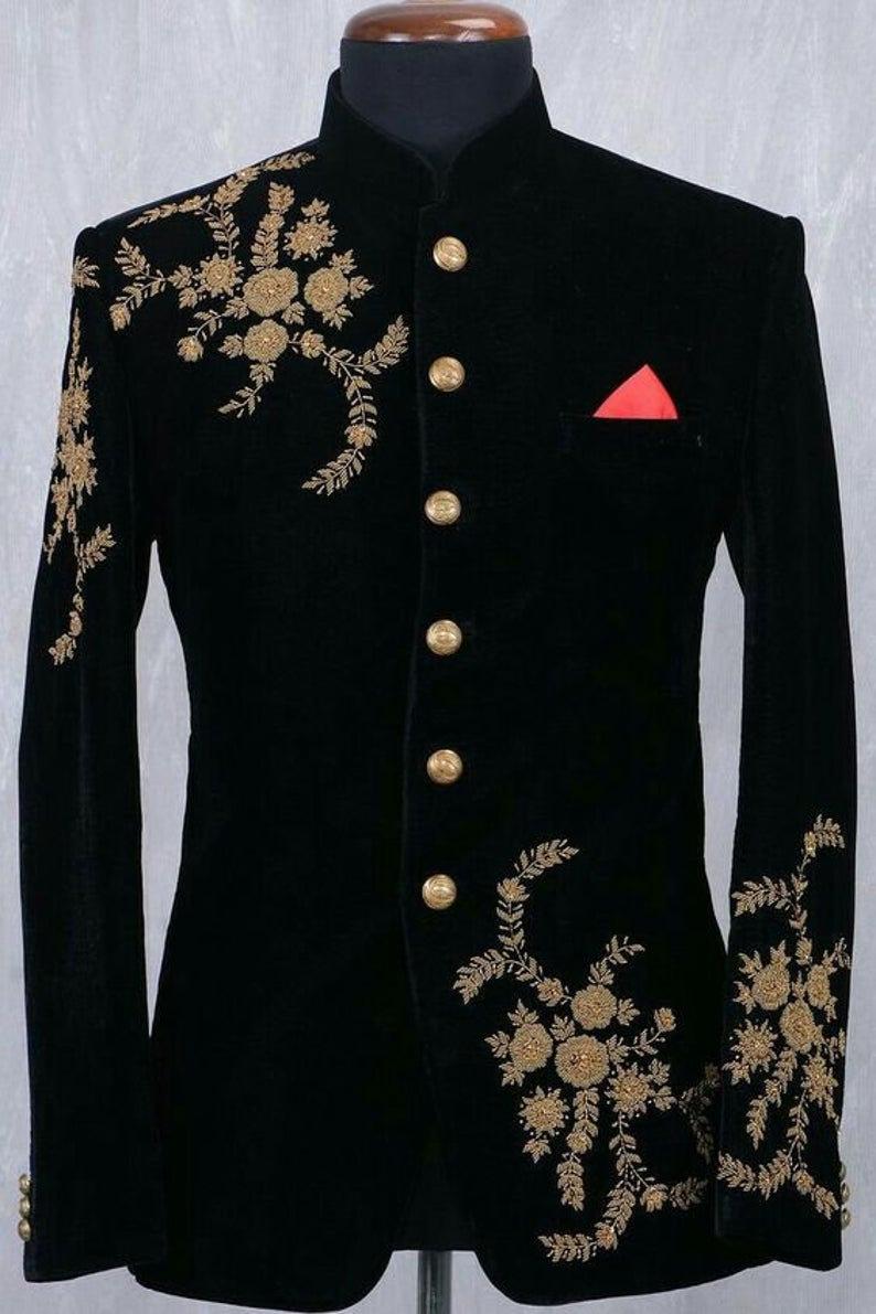 Velvet Groom Wedding Suits Groom Slim Fit Gold Appliques Formal Work Prom Office Blazer Jacket Only One Piece