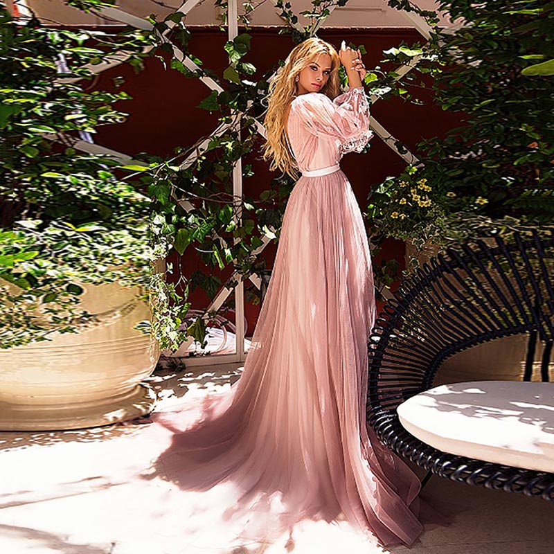 2021 Elegant Dusty Pink Evening Dresses A Line Puff Long Sleeves Split Appliques Lace Illusion Prom Party Dress Women Plus Size Tulle Formal Event Wea