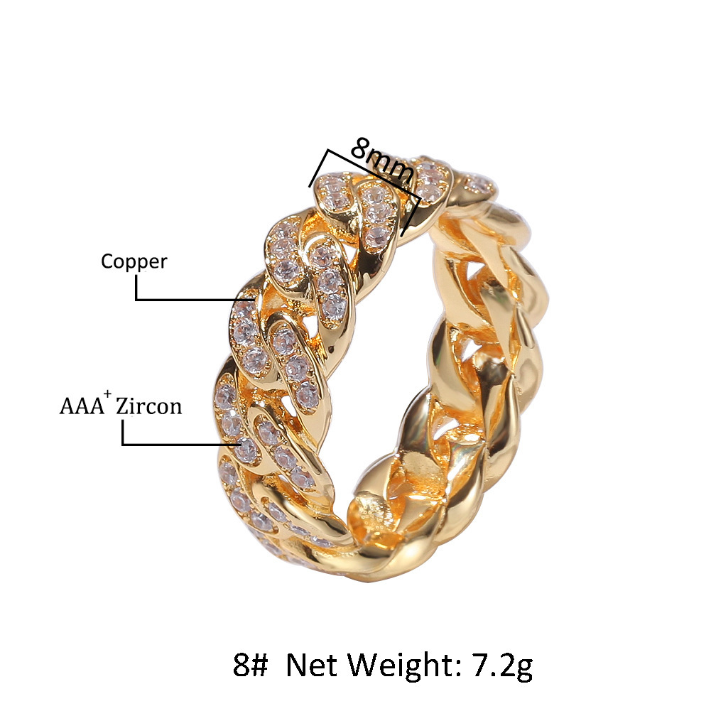 Men's Ring Hip Hop Punk Ring Cuban Link Chain 8mm Zircon-plated Real Gold Trend Men's Ring New LY098