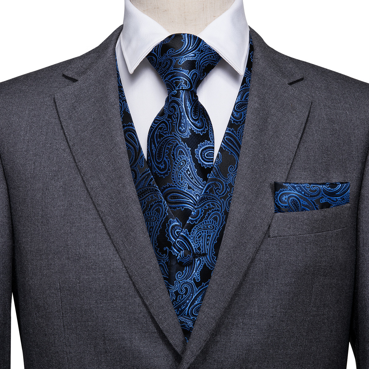 Hi-Tie Navy Paisley 100% Silk Dress Vest Set For Men Dark Blue Jacquard Men's Suit Vest Male Waistcoat For Wedding Formal Jacket 200924
