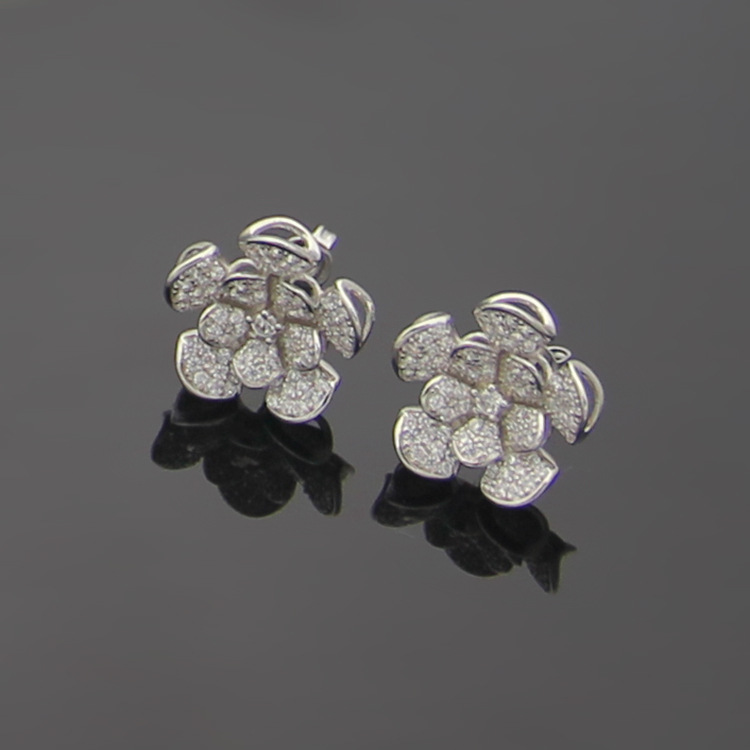 Europe America Style Lady Women Titanium Steel Engraved B Initials Full Diamond Flower Stud Earrings 3 Color