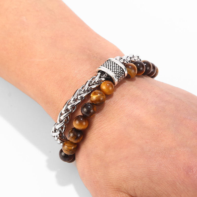 Natural Tiger Eye Stone Bracelet Men Stainless Steel Beaded Bracelets Male Jewelry Lava Map Stone Drop Shipping
