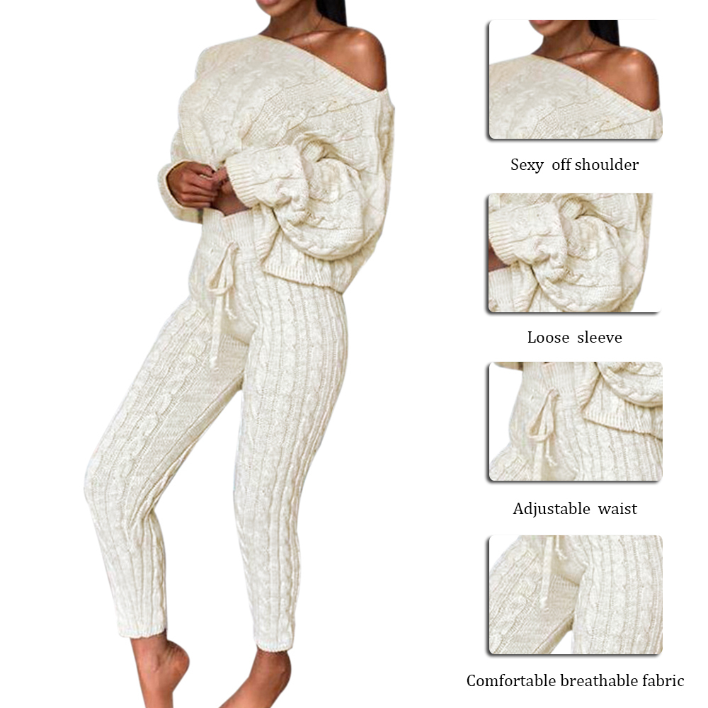 2020 New Womens Ladies Solid Off Shoulder Cable Knitted Warm Loungewear Set Autumn Sweater Women Sweater Winter Clothes Suit Y200909