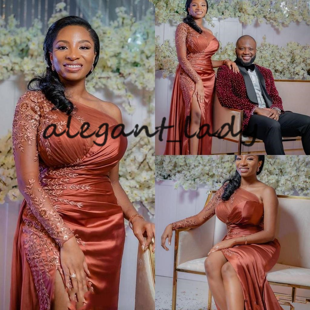 Rust red one shoulder robes de evening dresses 2021 long sleeve nigerian african sexy slit plus size occasion prom gowns