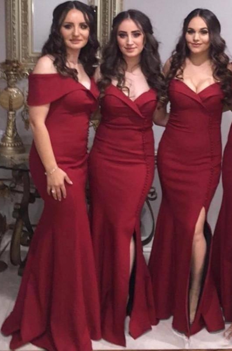Dark Red Mermaid Bridesmaid Dresses Satin Plus Size Maid of Honor Wedding Guest Gown Party Wear Off Shoulder