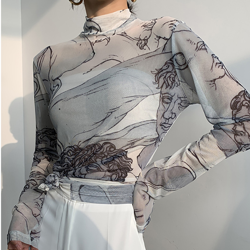 2020 NEW Turtleneck Mesh Blouse Women Long Sleeve See Through Top Ladies Sheer Top Renaissance Print Designer Clothing V887, As pic
2020 NEW Turtleneck Mesh Blouse Women Long Sleeve See Through Top Ladies Sheer Top Renaissance Print Designer Clothing V887, As pic