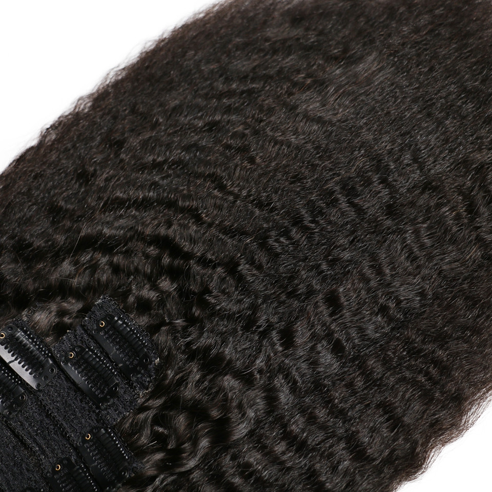 Afro Kinky Straight Clip in Hair Extensions Real Remy Human Hair Natural Black color Yaki Double Weft Clip on Hair Extensions 8pcs/120g