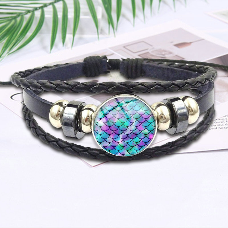 For Women Wedding Gift Glass Cabochon Newest Jewelry Vintage Statement Black Leather Bracelet Bangle Rainbow Scales Mermaid
For Women Wedding Gift Glass Cabochon Newest Jewelry Vintage Statement Black Leather Bracelet Bangle Rainbow Scales Mermaid