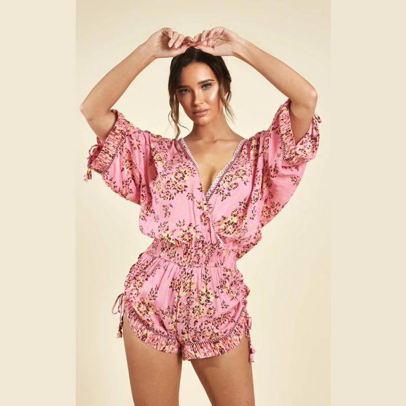 High Quality 2020 Holiday Vacation Women Playsuit Mara Jumpsuit Draped Romper Pink with Contrasting Print and Tonal Tassel Ties, As pic
High Quality 2020 Holiday Vacation Women Playsuit Mara Jumpsuit Draped Romper Pink with Contrasting Print and Tonal Tassel Ties, As pic