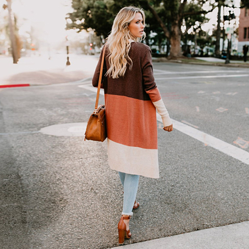 Women Casual Cardigan Autumn Long Sleeve Patchwork Sweaters Colorblock Long Mujer Women Jumper Open Front Loose Cardigan Y200819