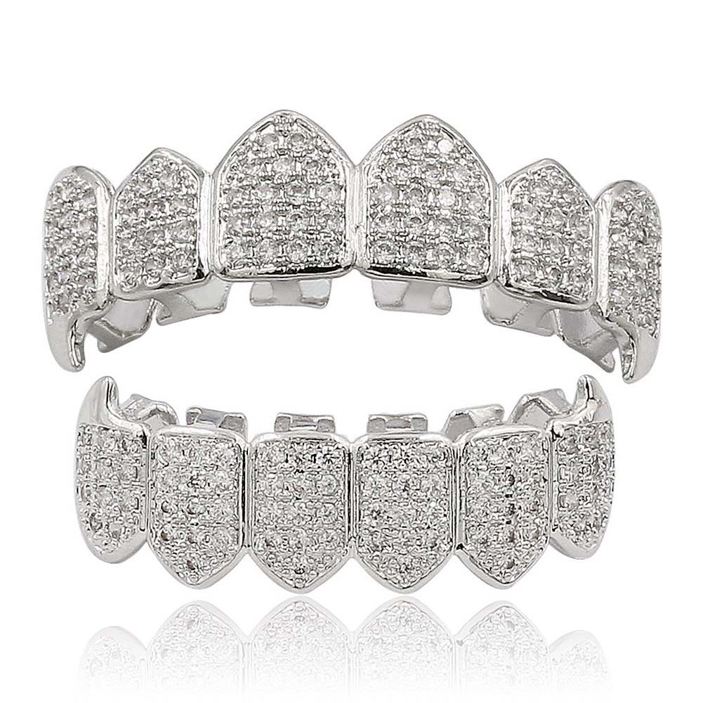 Hip Hop Iced Out CZ Gold Teeth Grillz Caps Top and Bottom Diamond Tooth Grillzs Set For Men Women Gift Grills