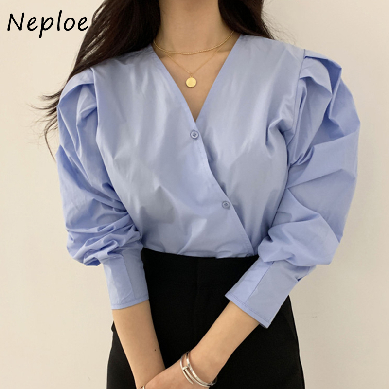 Neploe V-neck Single-breasted Shirt Women Loose Solid Color Puff Sleeve Femme Blouse Simple Chic Autumn 2020 Office Lady Blusas, Sky blue
Neploe V-neck Single-breasted Shirt Women Loose Solid Color Puff Sleeve Femme Blouse Simple Chic Autumn 2020 Office Lady Blusas, Sky blue