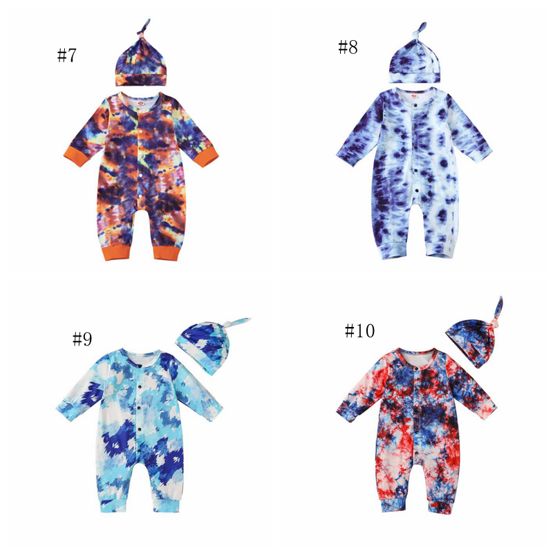 Tie Dyed Baby Romper Long Sleeve Infant Girls Jumpsuit Hat 2pcs Sets Causal Newborn Climbing Clothes Boutique Baby Clothing 10 Color DW5945