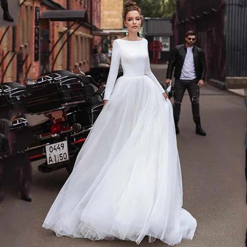 Long sleeves soft tulle Simple A Line Wedding Dresses Satin Wedding Bridal Gowns vestido de noiva sheer beach wedding guest, Ivory white
Long sleeves soft tulle Simple A Line Wedding Dresses Satin Wedding Bridal Gowns vestido de noiva sheer beach wedding guest, Ivory white