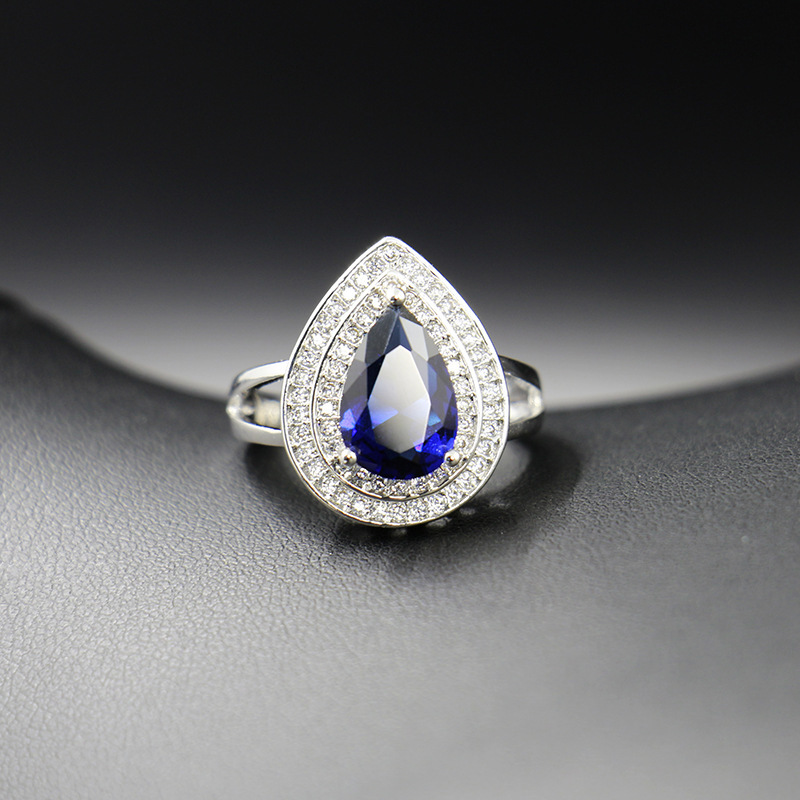 Bague Ringen Water Drop Shaped Sapphire Silver 925 Jewelry Sets for Women Blue Gemstones Ring Earrings Necklace Bracelet Wedding M