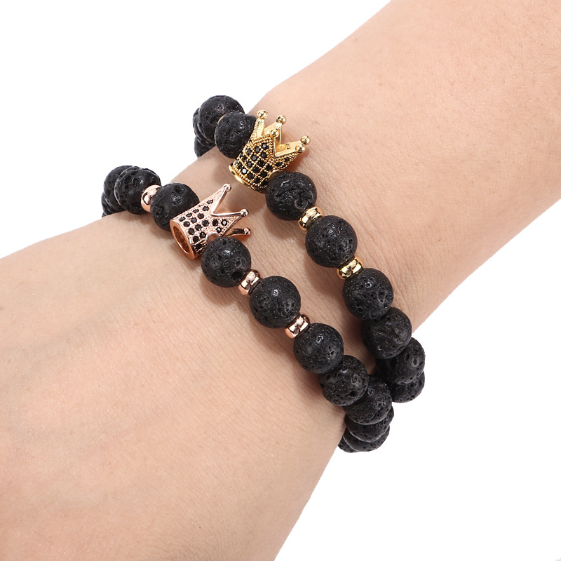 Fashion Gold Crown CZ Charm Men Volcanic rock Bracelets for Women Black lava Natural Stone Beads Strand Bracelet Dropshipping