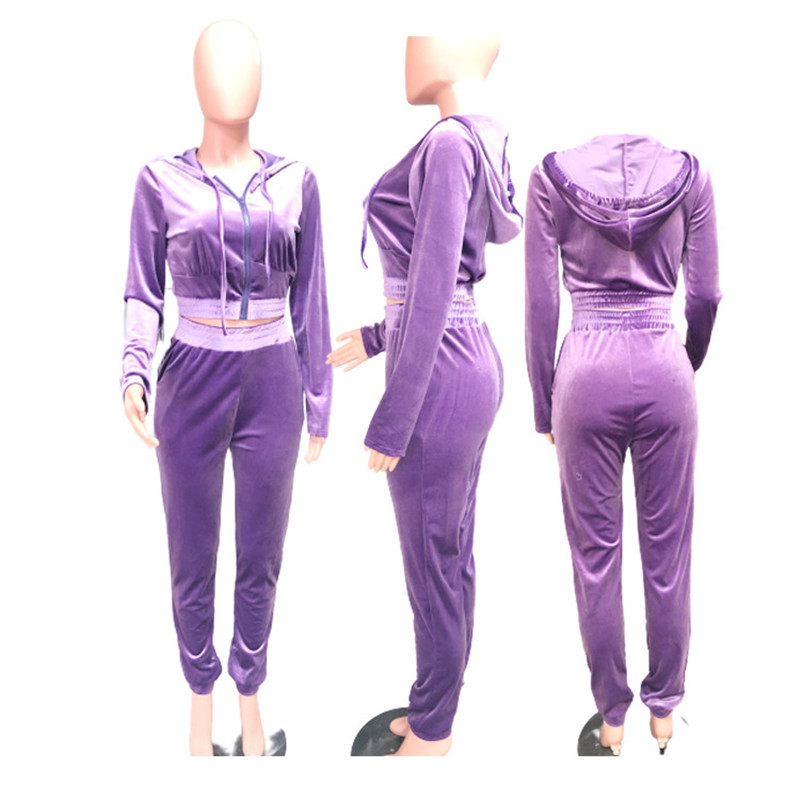 Women 2 Piece Set Hooded Zipper Top Tracksuit Sportwear Pants Velvet Stretch Casual Fitness Outfit Jogger Matching Set Dropshpping2440